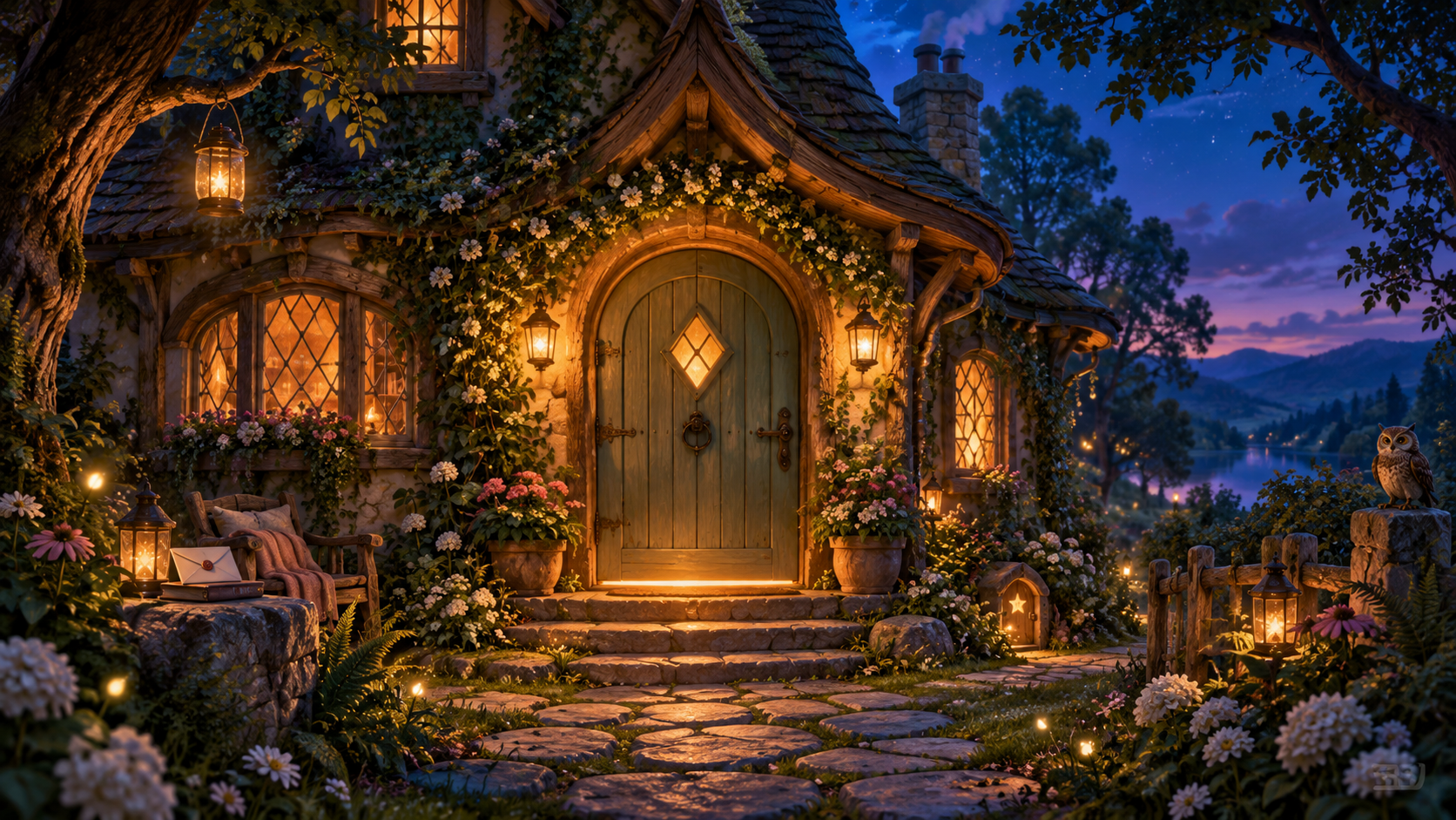 A lantern-lit fairy-tale cottage with a teal front door